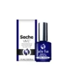 Bottle of Seche VIVE Instant Gel Effect Top Coat 0.5oz nail polish alongside its packaging, featuring a blue and white color scheme.