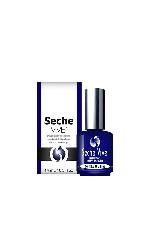 Bottle of Seche VIVE Instant Gel Effect Top Coat 0.5oz nail polish alongside its packaging, featuring a blue and white color scheme.