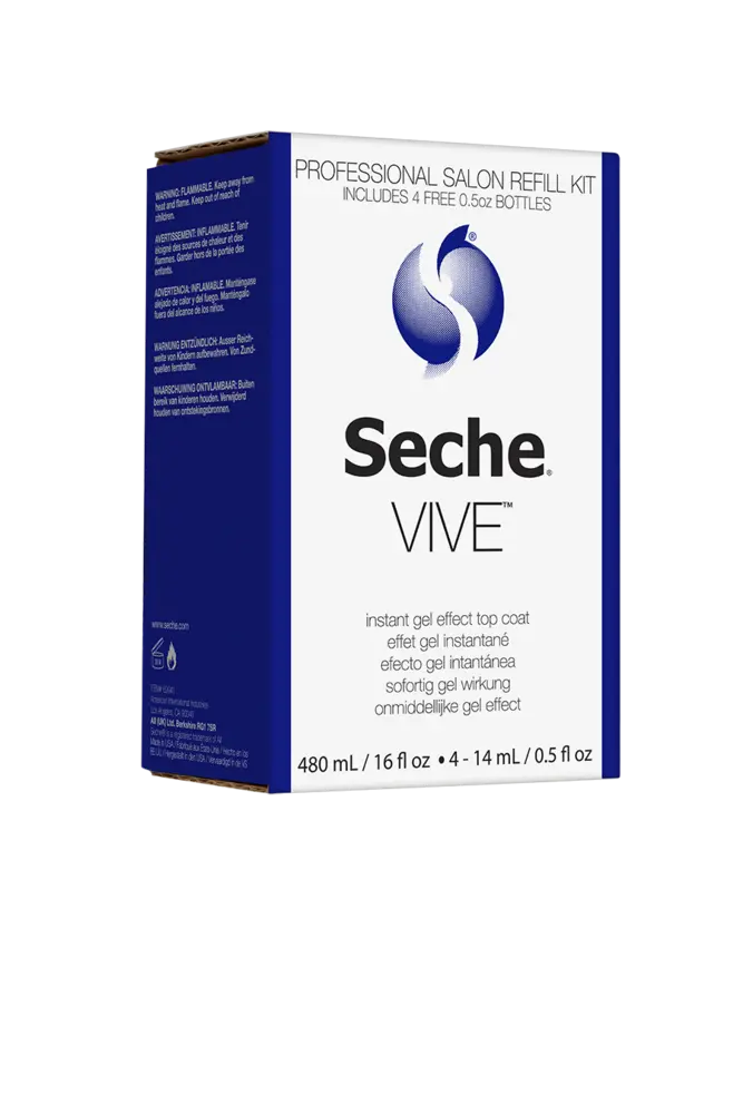 Professional Seche VIVE Instant Gel Effect Top Coat salon refill kit with four free 0.5 oz bottles, displayed in a navy blue and white box.