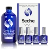 A Seche VIVE Instant Gel Effect Top Coat 0.5oz professional salon refill kit featuring a large blue bottle and four smaller blue bottles of Gel Effect Top Coat nail polish, displayed with packaging.