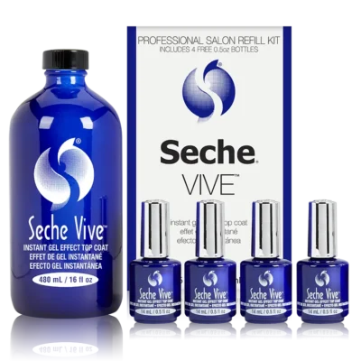 A Seche VIVE Instant Gel Effect Top Coat 0.5oz professional salon refill kit featuring a large blue bottle and four smaller blue bottles of Gel Effect Top Coat nail polish, displayed with packaging.