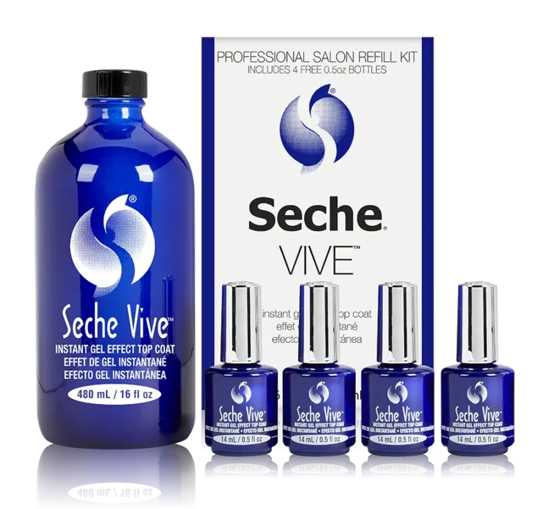 A Seche VIVE Instant Gel Effect Top Coat 0.5oz professional salon refill kit featuring a large blue bottle and four smaller blue bottles of Gel Effect Top Coat nail polish, displayed with packaging.