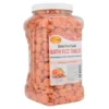 A large clear plastic jar labeled "Spa Redi Bath Fizz 950 Tablet - Lavender & Wildflower 1 Gallon" contains numerous round, orange tablets. The label mentions ingredients like Tea Tree Oil and Lavender, promising to draw impurities and moisturize.