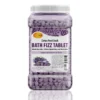 A clear plastic container of Spa Redi Bath Fizz 950 Tablet - Lavender & Wildflower 1 Gallon. The label highlights its benefits of drawing impurities, softening, replenishing, and moisturizing.