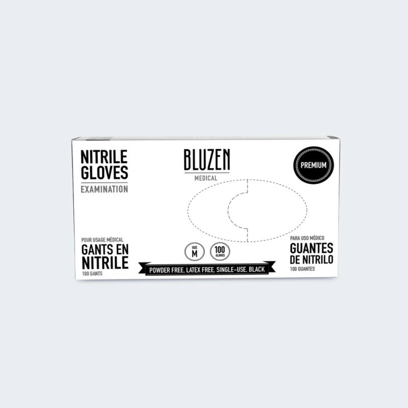 A box of BLUZEN Nitrile Gloves Extra Strength (10box/cs), labeled as medium size, black, powder free, latex free, and for single-use. The box contains 100 gloves with text in English, French, and Spanish.