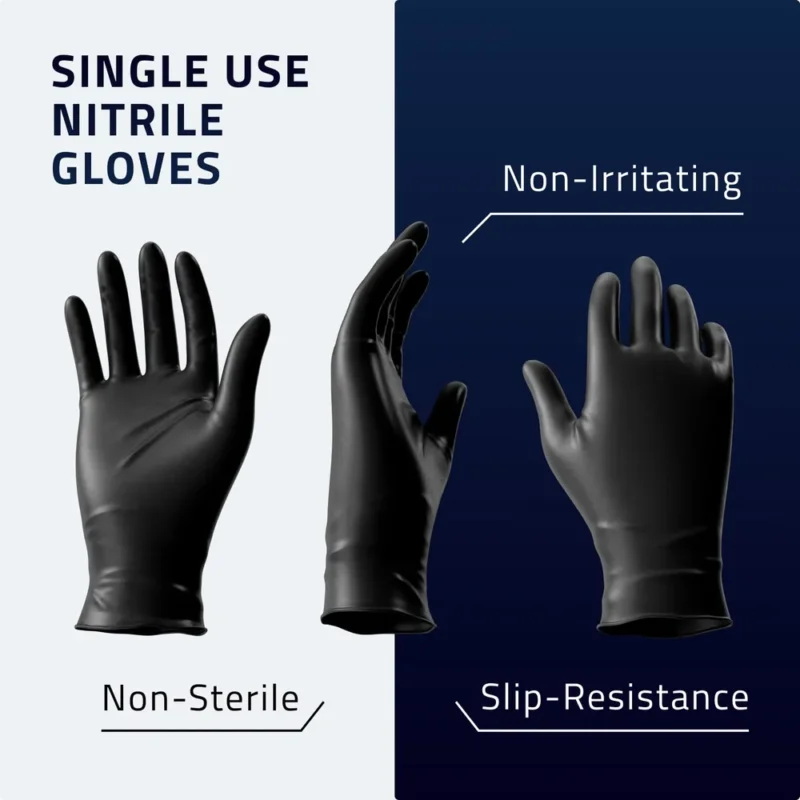 Image of BLUZEN Nitrile Gloves Extra Strength (10box/cs). The text highlights features: non-sterile, non-irritating, slip-resistant, and extra strength.