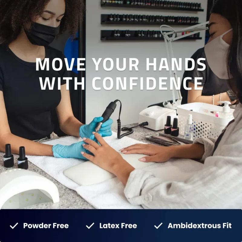 A nail technician wearing a mask and BLUZEN Nitrile Gloves Extra Strength (10box/cs) uses an electric file on a client's nails. Text on the image reads "Move your hands with confidence." Icons denote powder-free, latex-free, ambidextrous fit, and extra strength.