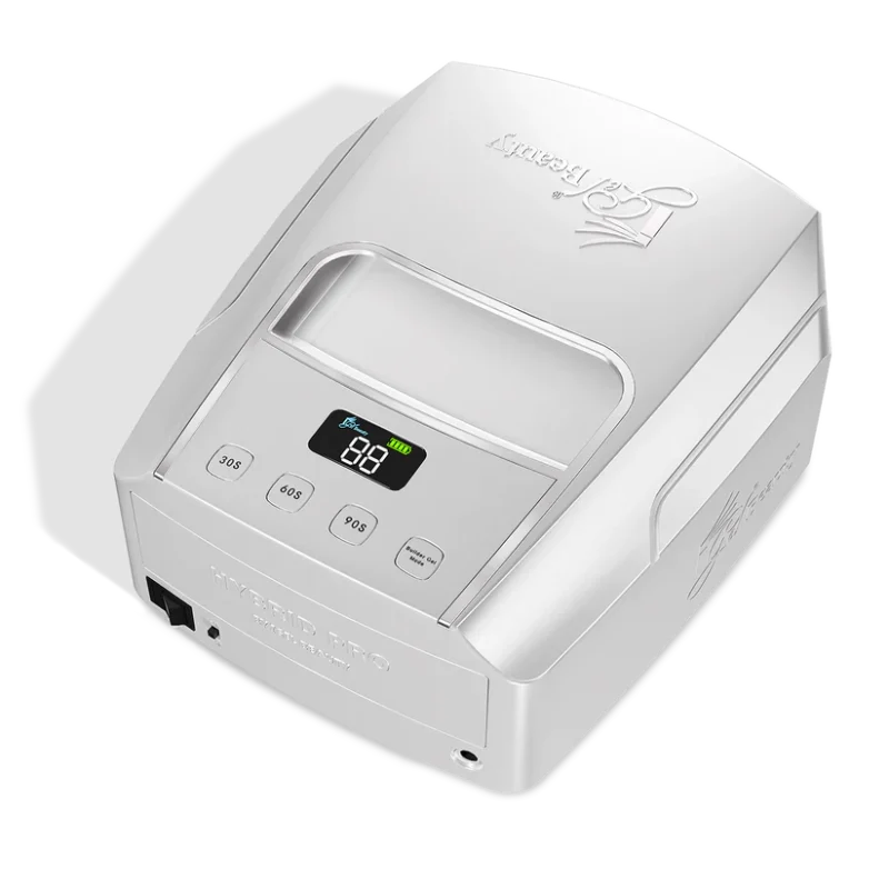 A white medical device with a digital display showing the number 88, buttons labeled "95," "90," "85," and ports on its sides. The device, branded with the logo "7° Fresh" on top, resembles the sleek design of an iGel Hybrid Pro 3.0 Wireless Rechargeable UV/LED Lamp.