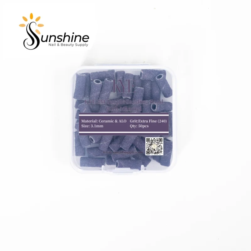 A small container labeled "Sunshine Nail & Beauty Supply" holds KYE Small Premium Grade 3M Purple Sanding Band, 50pcs/Box, with a size of 3.1mm and a grit of 240.