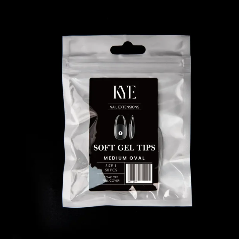 A sealed package containing KYE Soft Gel Refill Tips - Medium Almond (50pcs/Bag). The clear package, labeled in black and white, holds 50pcs of premium quality tips.