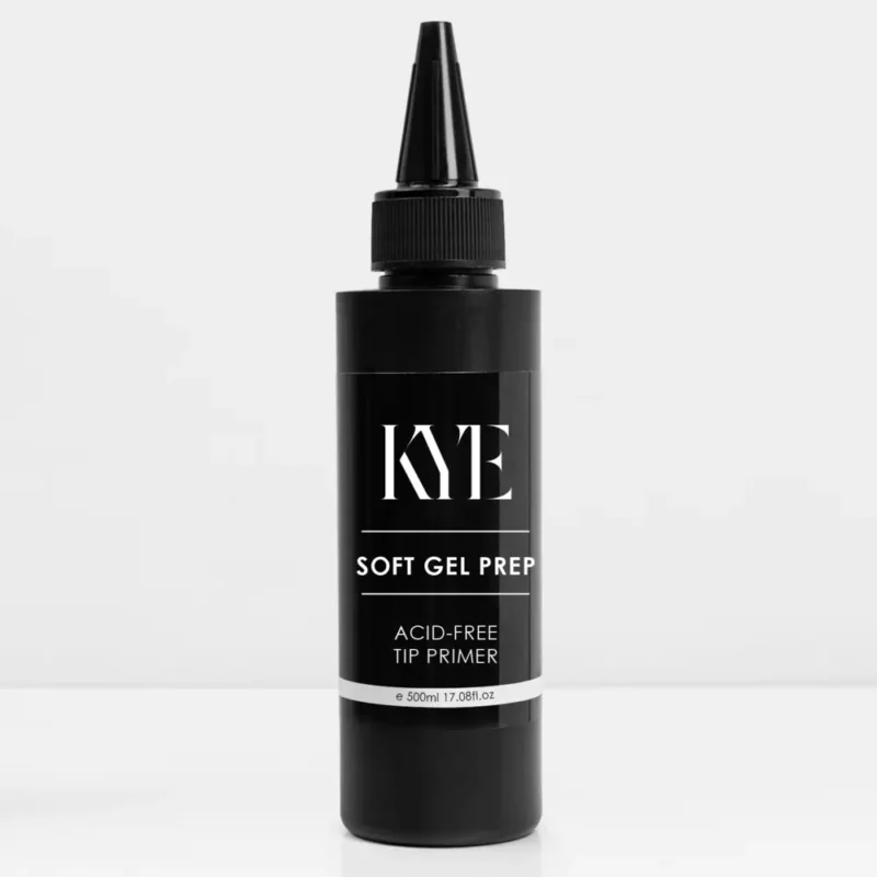 A black bottle labeled "KYE Soft Gel Primer Prep 4oz Refill" with a pointed nozzle cap, placed against a white background.