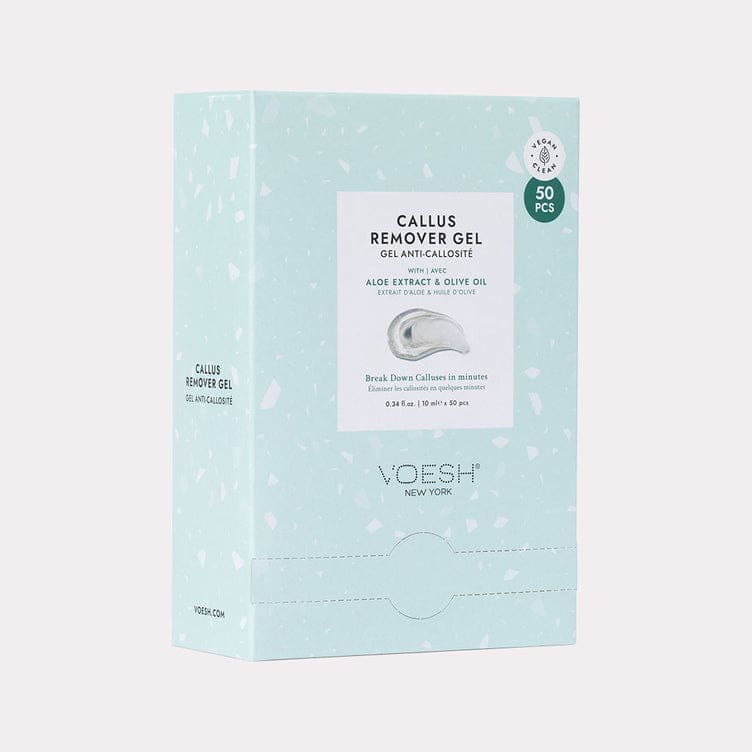 A light blue box containing Voesh Callus Remover Gel Aloe Extract & Olive Oil Single Pack with 50 packets. The product, enriched with aloe extract and olive oil, is designed to break down calluses in minutes.