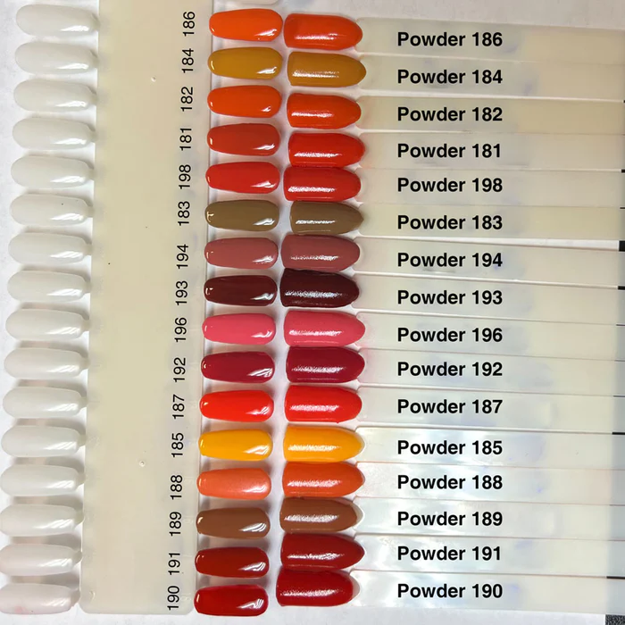 A sample board from the CHANCE 2-in-1 Powder - Autumn Spice Collection showcasing 15 out of the 36 available colors, labeled "Powder 181" to "Powder 195." Each meticulously painted color sample is displayed on a plastic nail tip and arranged vertically in a grid format.