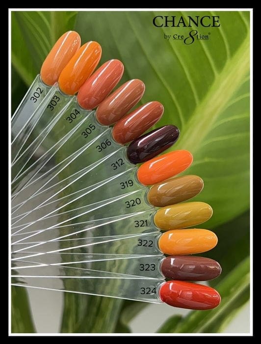 A fan display of eleven different nail polish colors, numbered 302 to 324, in shades of orange, brown, yellow, and red against a green leafy background is labeled "CHANCE Matching Trio - Hello Autumn Collection (36 Colors)" by Cre8tion.