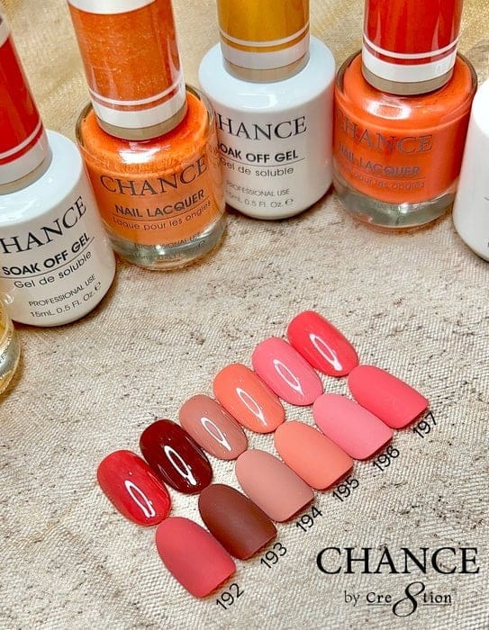 A display of CHANCE Matching Trio bottles from the Autumn Spice Collection, featuring various shades of orange and red, accompanied by a matching set of painted nail samples labeled 191 to 197.