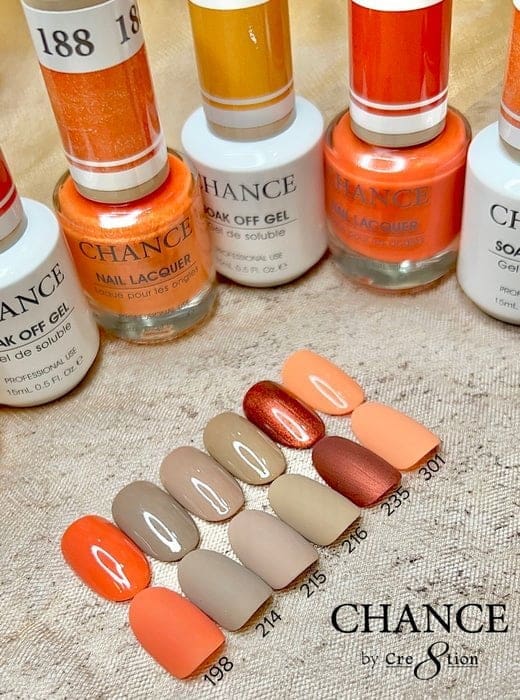 Image showing eight nail polish swatches in shades ranging from beige to orange, labeled with numbers. Bottles of CHANCE Matching Trio - Autumn Spice Collection (36 Colors), featuring similar colors, are visible in the background.