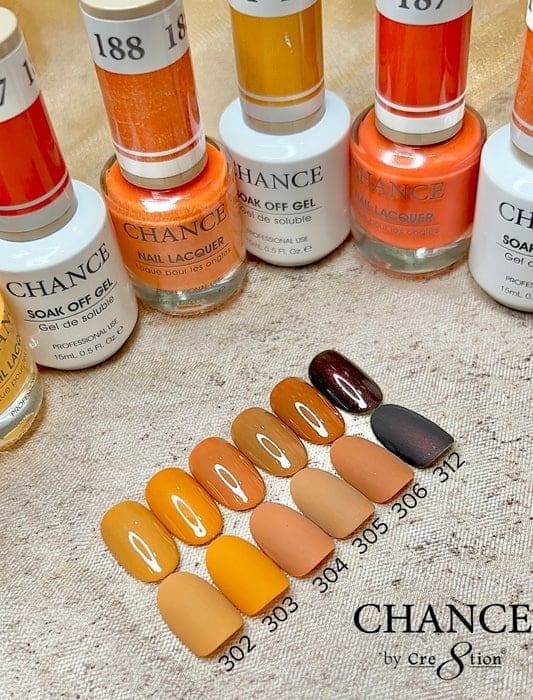 A display featuring six "CHANCE by Cre8tion" nail polish bottles and swatches from the Autumn Spice Collection showcases shades labeled 302 to 312, highlighting various tones of orange.