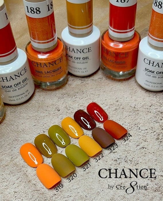 Discover the "CHANCE" Autumn Spice Collection: vibrant nail polish bottles in shades ranging from bright yellow to deep red, complemented by a swatch palette organized from numbers 319 to 324. Complete your look with matching trios and explore all 36 stunning colors of the CHANCE Matching Trio - Autumn Spice Collection.