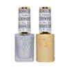 The DND DIVA Duo contains two stunning nail polish bottles: one in gleaming silver and the other in radiant gold, each with labeled caps presenting essential product information.