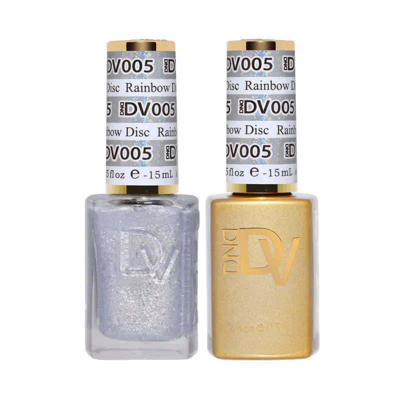 The DND DIVA Duo contains two stunning nail polish bottles: one in gleaming silver and the other in radiant gold, each with labeled caps presenting essential product information.