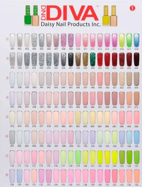 A nail polish color chart from Daisy Nail Products Inc. featuring 144 stunning shades with color codes, including the popular DND DIVA Duo range.