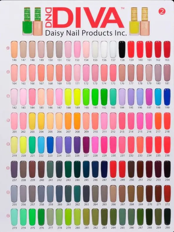 Discover the color chart of DND DIVA Duo, featuring an impressive array of 180 nail polish samples in a variety of shades. Each shade is carefully labeled with numbers, providing the ideal duo for any style.