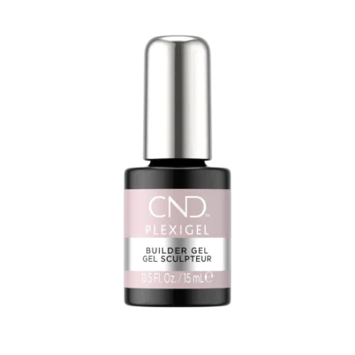 A bottle of CND PLEXIGEL Color Builder Peach Moonstone, 0.5 fl. oz. (15 mL), with a silver cap and a black base label.
