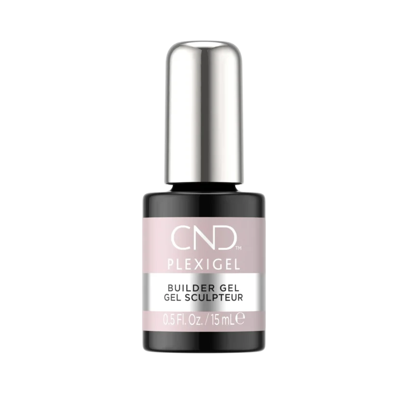A bottle of CND PLEXIGEL Color Builder Peach Moonstone, 0.5 fl. oz. (15 mL), with a silver cap and a black base label.