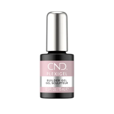 A 15 mL bottle of CND PLEXIGEL Color Builder Peach Moonstone, labeled in black and pink hues, with the text "Builder Gel Gel Sculpt Eur." The cap is silver and reflective. This Color Builder in Peach Moonstone adds a touch of elegance to your nail enhancements.