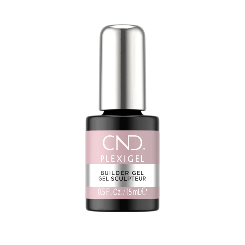 A 15 mL bottle of CND PLEXIGEL Color Builder Peach Moonstone, labeled in black and pink hues, with the text "Builder Gel Gel Sculpt Eur." The cap is silver and reflective. This Color Builder in Peach Moonstone adds a touch of elegance to your nail enhancements.