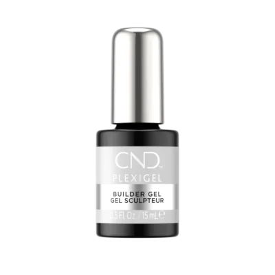 A 15 mL bottle of CND PLEXIGEL Color Builder Peach Moonstone with a black label and silver cap.