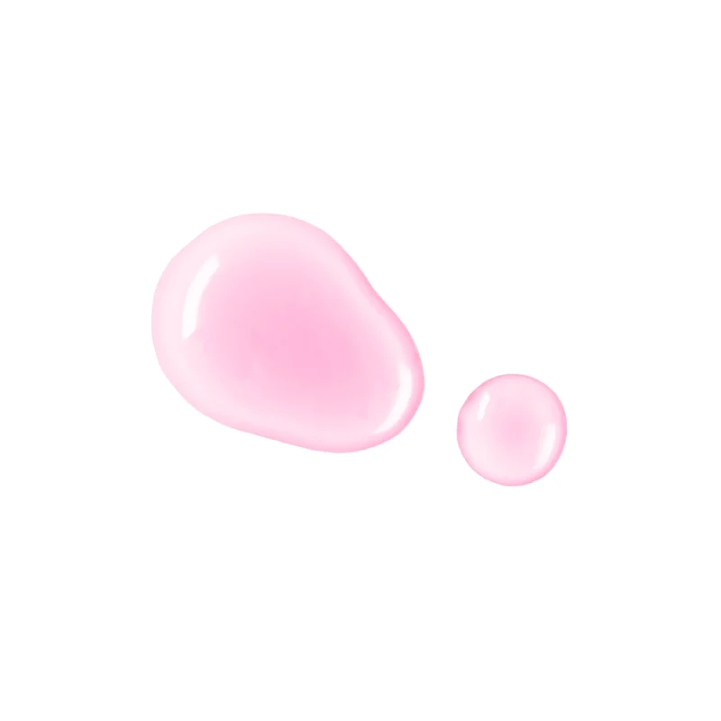 Two pink liquid drops, one larger and one smaller, on a white background resemble the delicate shade of CND PLEXIGEL Color Builder Peach Moonstone.