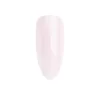Close-up of a single nail with a glossy, light pink, almond-shaped manicure using CND PLEXIGEL Color Builder Peach Moonstone against a white background.