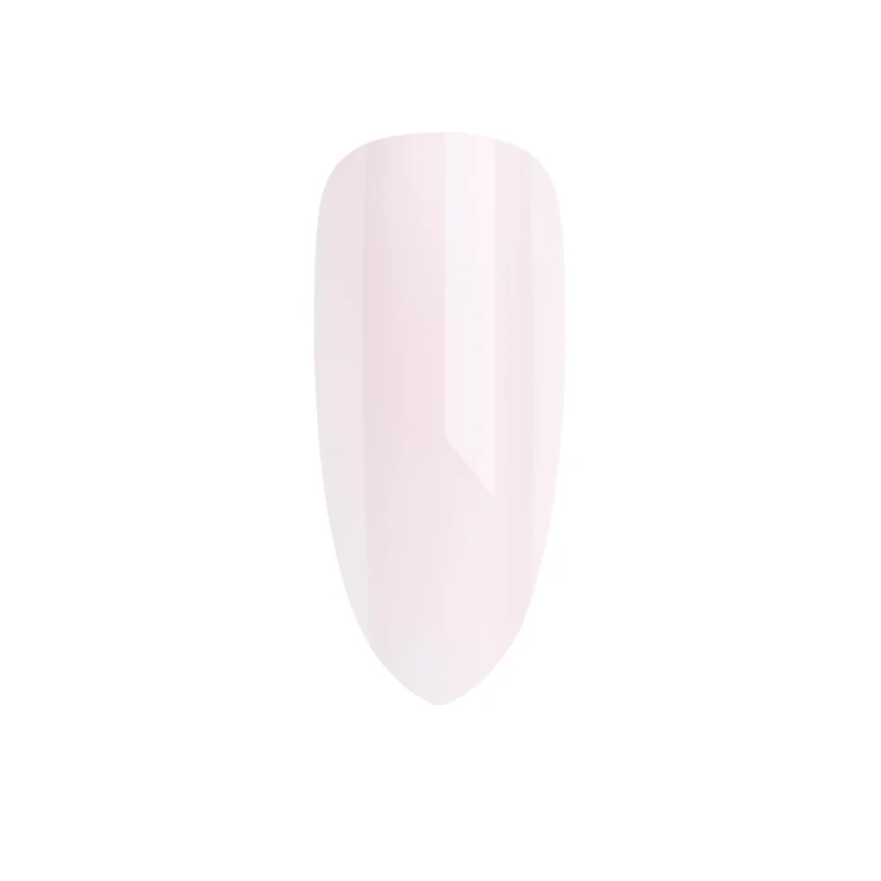 Close-up of a single nail with a glossy, light pink, almond-shaped manicure using CND PLEXIGEL Color Builder Peach Moonstone against a white background.