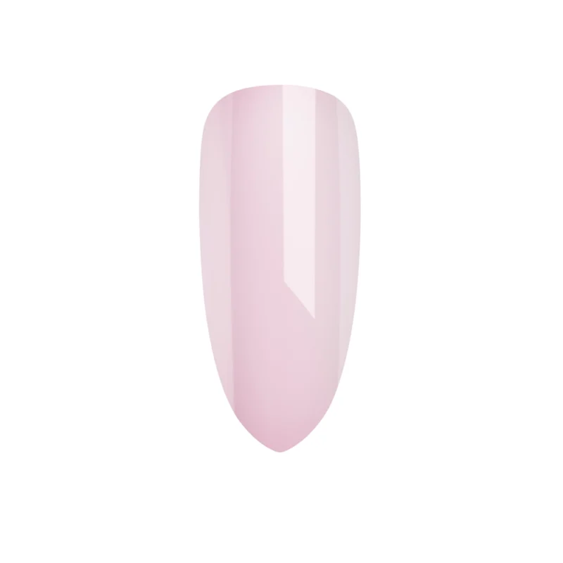 A single elongated oval-shaped artificial nail with a glossy light pink finish, enhanced by the CND PLEXIGEL Color Builder Peach Moonstone.