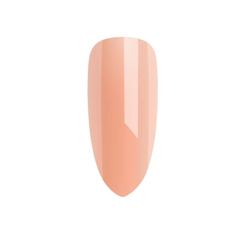 Close-up of a single, glossy, peach-colored artificial nail tip with a smooth, shiny surface, enhanced by CND PLEXIGEL Color Builder Peach Moonstone.