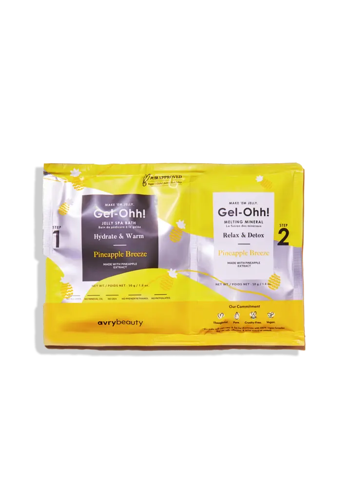 A dual-pack of AvryBeauty Gel-Ohh! Jelly Spa Bath, featuring two steps: "Hydrate & Warm" and "Relax & Detox," both in Pineapple Breeze scent. This Pedi Bath set comes in vibrant yellow and white packaging with a hint of refreshing mango essence.