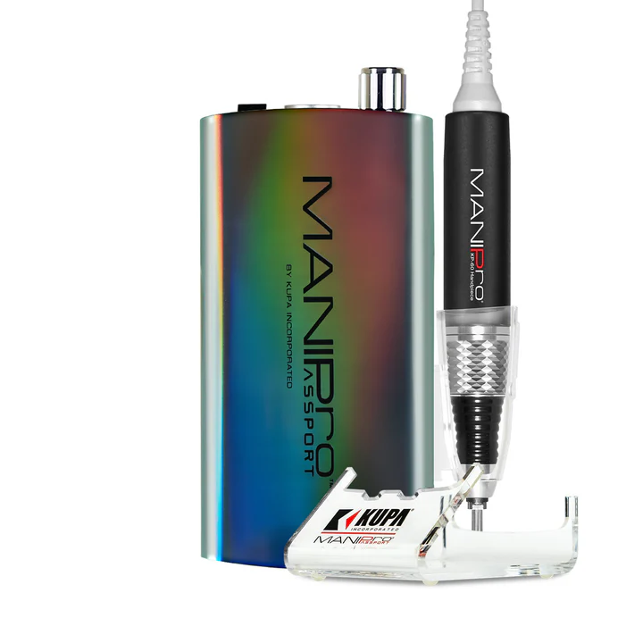 A limited edition manicure drill machine with a metallic gradient finish, known as the "ManiPro Passport Limited Edition Moonlight Unicorn," features a connected handheld pen tool and rests on a clear stand.