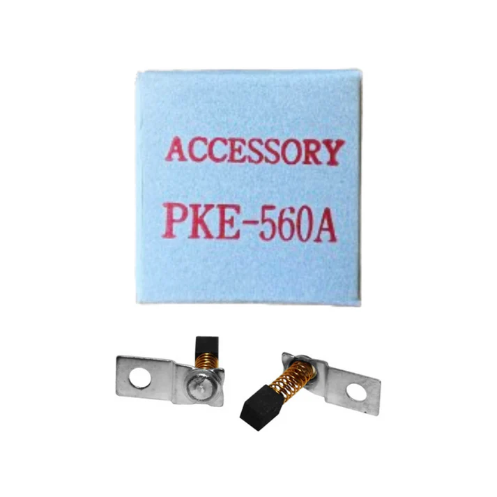 Image of a PKE-560A Carbon Brush (For UP200) accessory package containing two metal screws with springs, a carbon brush, and a small square box labeled "ACCESSORY PKE-560A".