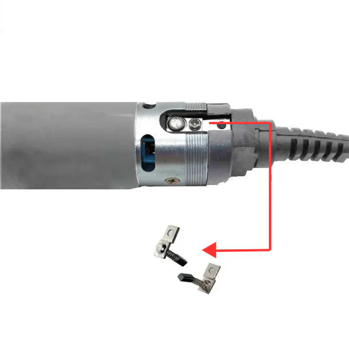 Close-up of a cable cutter tool with a red arrow pointing to two replaceable cutting blades shown below the tool, compatible with PKE-560A Carbon Brush (For UP200) models.