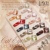 A display of various LAVIS Cat Eye Gel Polish swatches from the Fangtastic Collection with colors changing at different angles and light. Text reads: "The striking color-changing and cat eye effects of LAVIS Cat Eye CE15 will surprise you.