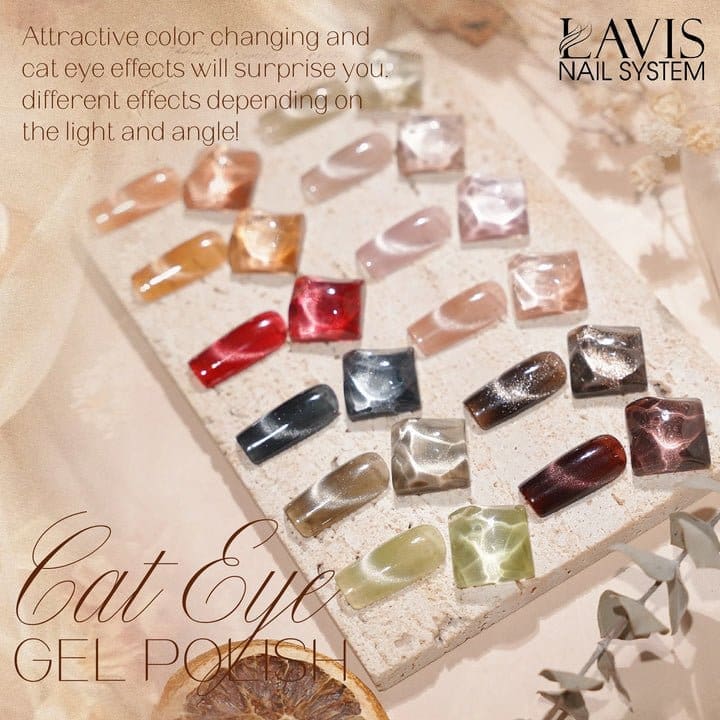 A display of various LAVIS Cat Eye Gel Polish swatches from the Fangtastic Collection with colors changing at different angles and light. Text reads: "The striking color-changing and cat eye effects of LAVIS Cat Eye CE15 will surprise you.