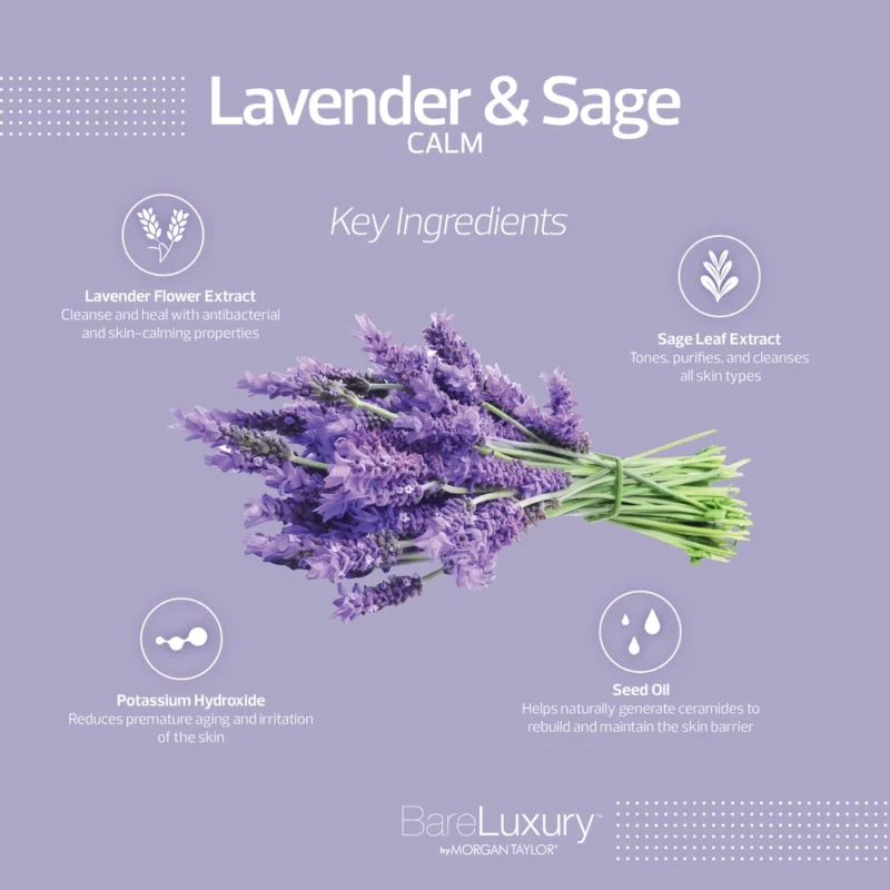 A graphic featuring a lavender bunch highlights the Lavender & Sage CALM product by BareLuxury Complete Pedicure & Manicure (48box/Cs) from Morgan Taylor. Key ingredients, including Lavender Flower Extract, Sage Leaf Extract, Potassium Hydroxide, and Seed Oil, make it perfect for enhancing your manicure or pedicure experience.