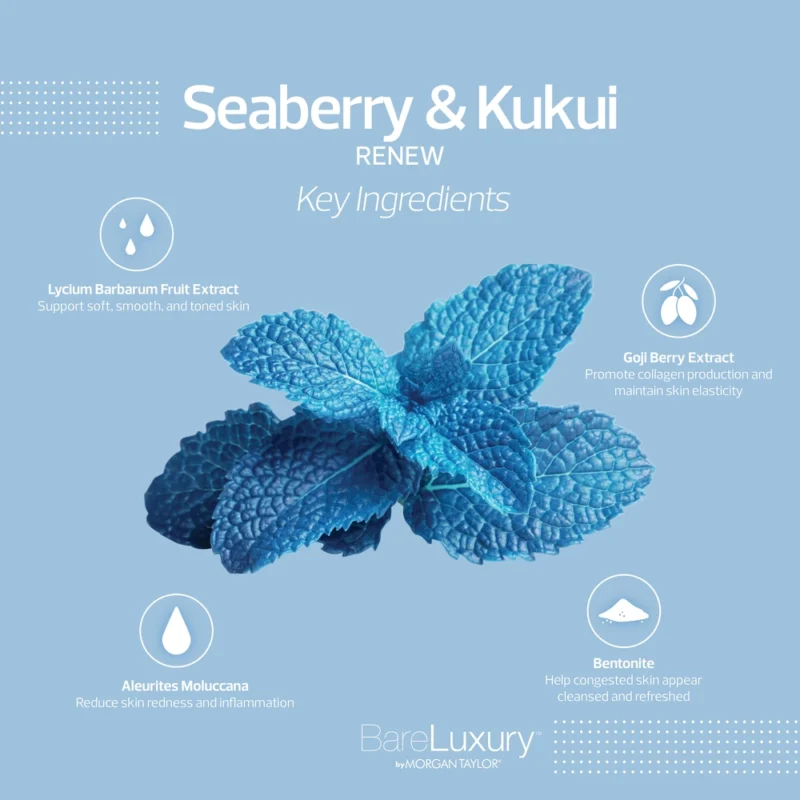 Image showing key ingredients of the BareLuxury Complete Pedicure & Manicure product, ideal for manicure or pedicure treatments. It features Lycium Barbarum Fruit Extract, Aleurites Moluccana, Goji Berry Extract, and Bentonite with listed benefits.