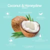 Image of BareLuxury Complete Pedicure & Manicure (48box/Cs) advertisement featuring coconut and honeydew, ideal for your pedicure or manicure. Key ingredients include coconut fruit extract, melon fruit extract, sea salt, and seed oil. The image highlights a split coconut and green leaves.