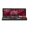 A Gelish Solid Cream Gel Polish 6pc Palette - Getting Ready, showcased in an open black case against a patterned red and purple background, features a vibrant collection of nail polish shades.