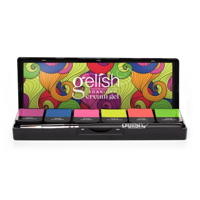 The Gelish Solid Cream Gel Polish 6pc Palette - Neon & On & On, displayed in an open black case featuring six labeled bottles and a brush, sits against a colorful wavy pattern background. The vibrant neon shades in this set will elevate your manicure game.