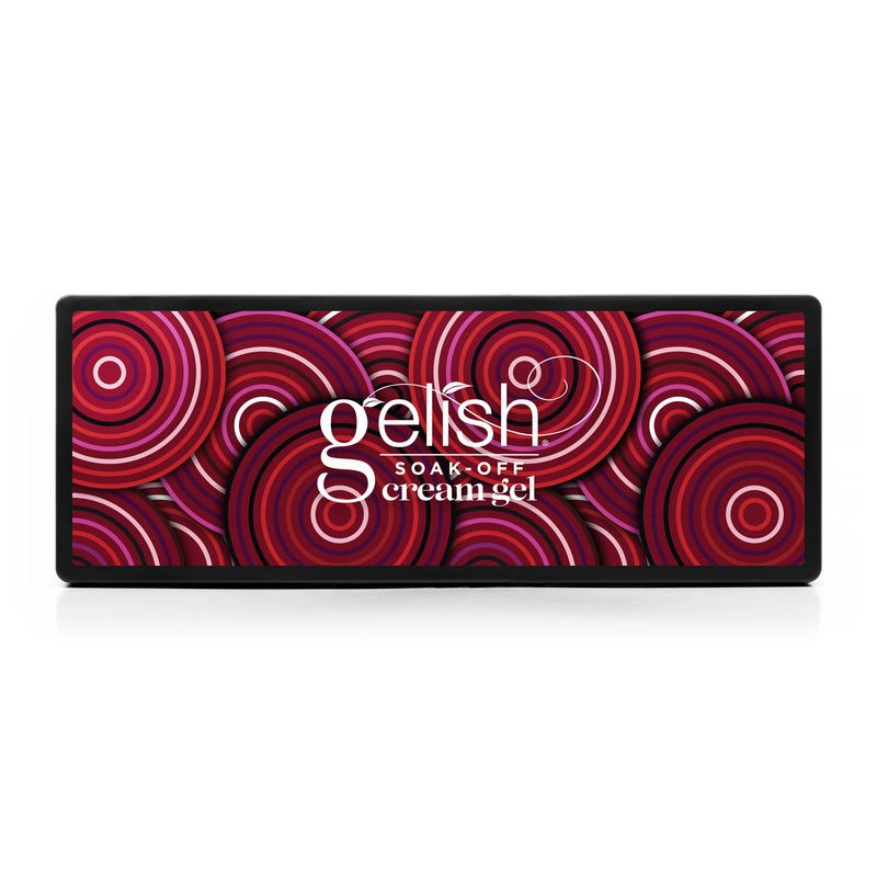 A rectangular package of Gelish Solid Cream Gel Polish 6pc Palette - Getting Ready, featuring a colorful swirl pattern design in shades of red, pink, and white, is perfect for getting ready.