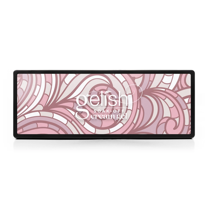 Image of a Gelish Solid Cream Gel Polish container with a box featuring a pink, white, and purple swirled design. The Gelish Solid Cream Gel Polish 6pc Palette - Act Natural adds a touch of elegance to your nail care routine.