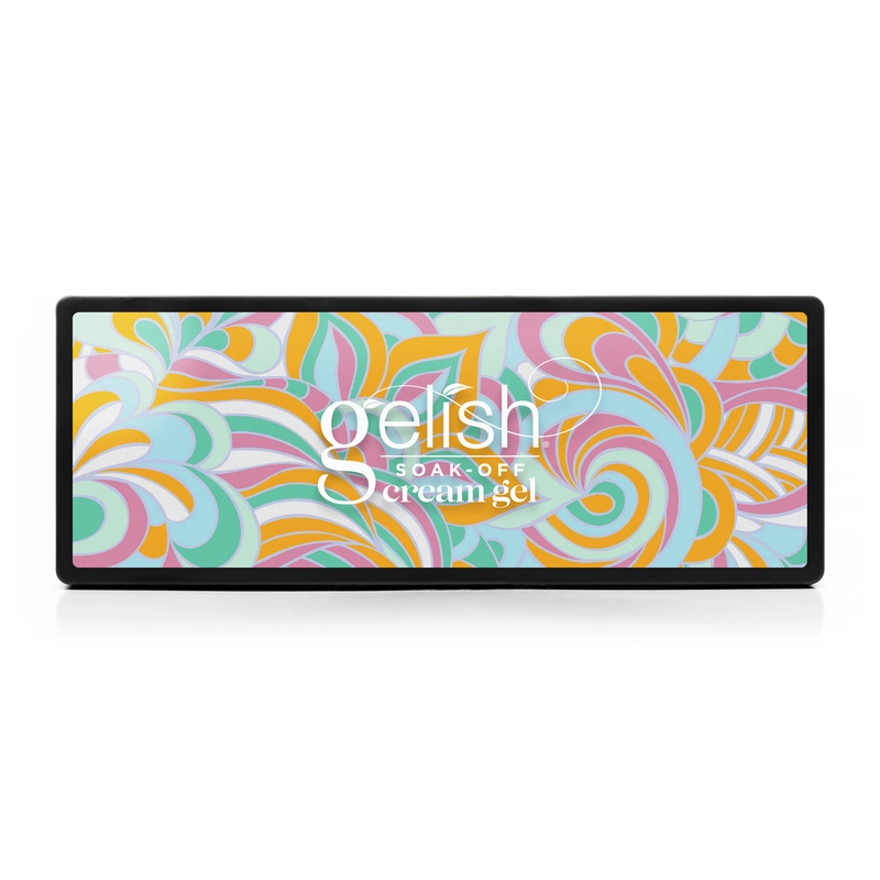 Rectangular box of Gelish Soak-Off Gel with a colorful swirling pattern on the lid, featuring the Gelish Solid Cream Gel Polish 6pc Palette - Pretty Pastels.